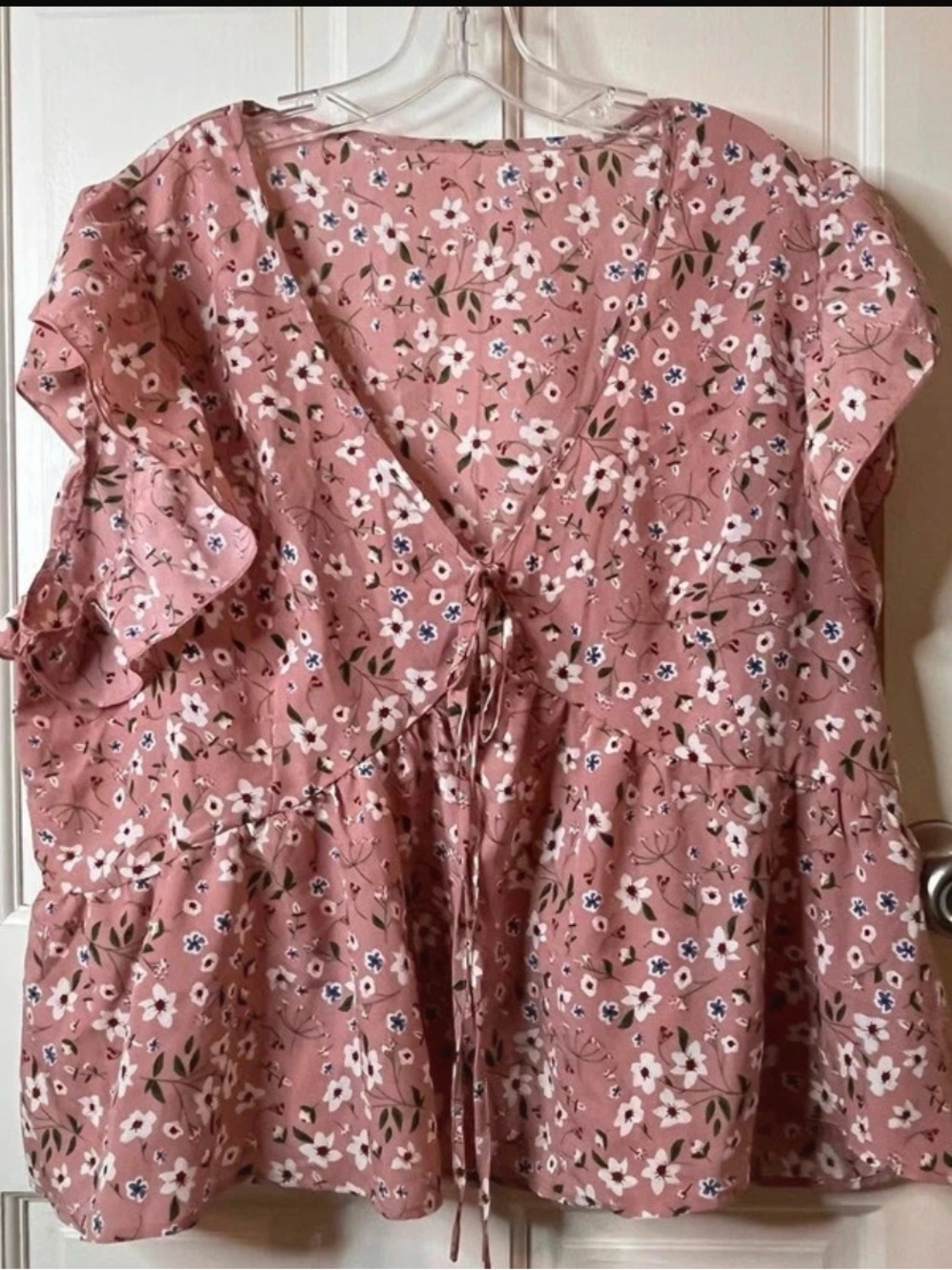 Pink Floral V-Neck Ruffle Peplum Blouse